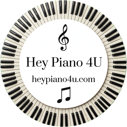 Hey Piano 4U official logo: a ring of piano keys around the name and heypiano4u.com